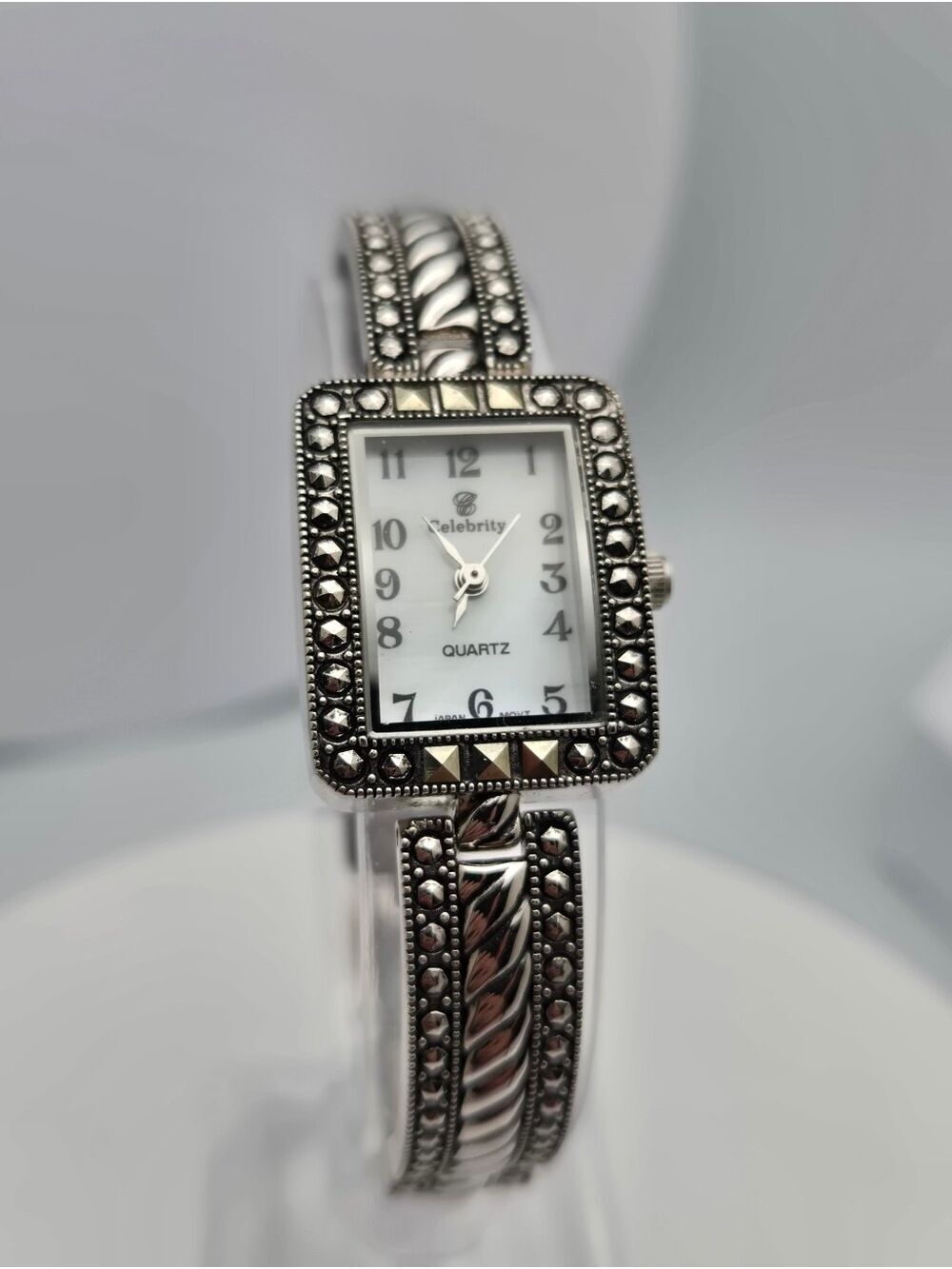 Celebrity Women’s Quartz Watch Rectangular Marcasite Accents Silver Tone Japan